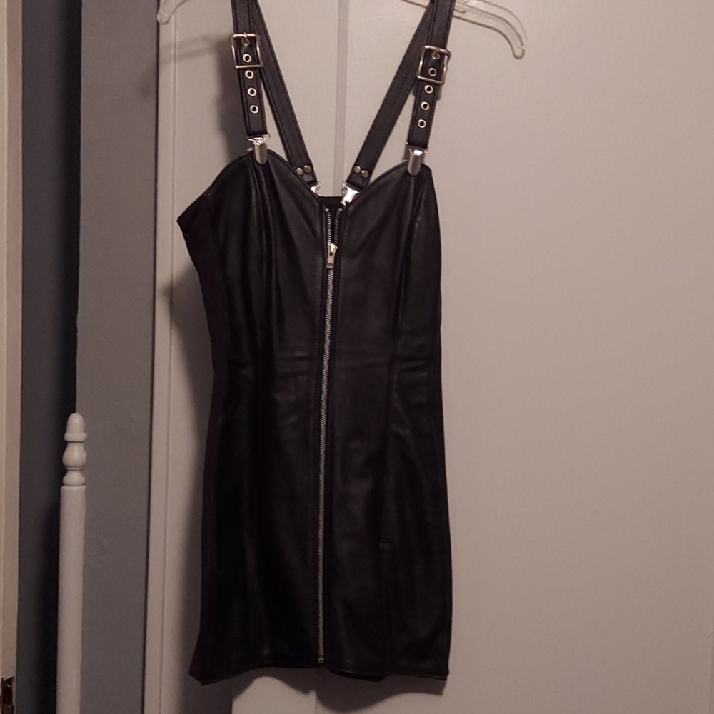 Short leather suspender dress